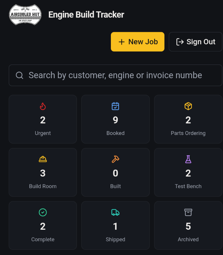 Engine Build Tracker dashboard preview